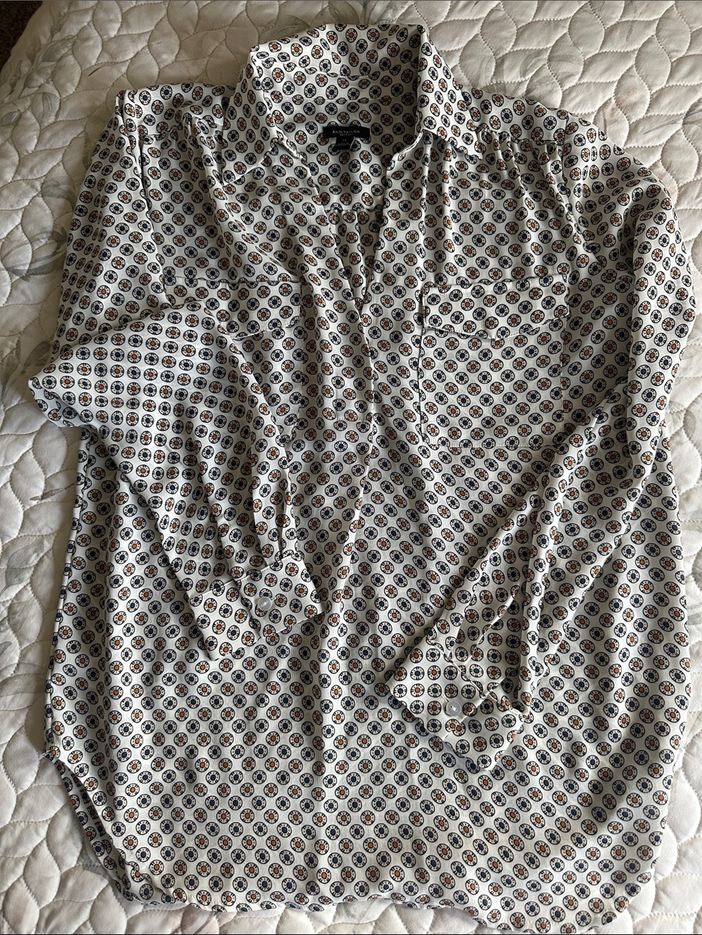 Ann Taylor White Blouse with Brown and Black Medallion Print